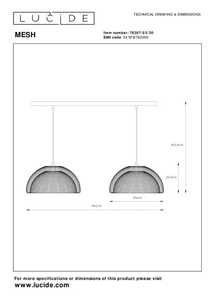 Lucide MESH - Suspension - 2xE27 - Noir - TECHNISCH